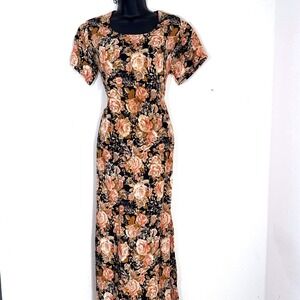 VTG Whimsigoth Cottagecore Black Floral Short Sleeve Maxi Dress Square Neck Sz S